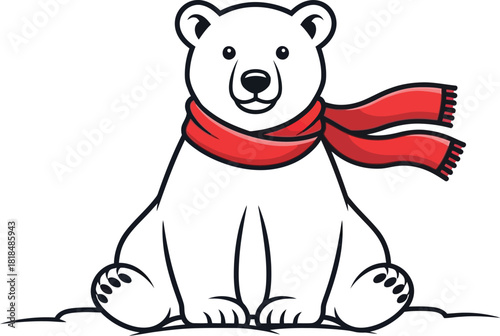 Cartoon polar bear wearing a red scarf sitting on snow with a happy expression