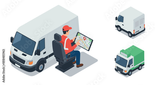Isometric delivery trucks with driver using digital map for route planning