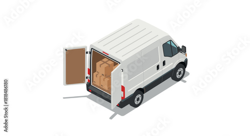 White delivery van with open back door and boxes inside on isometric view
