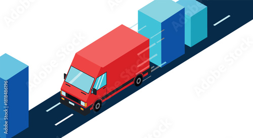 Isometric red delivery truck on road with blue cubes in motion