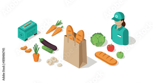 Isometric grocery delivery concept with fresh produce and delivery person
