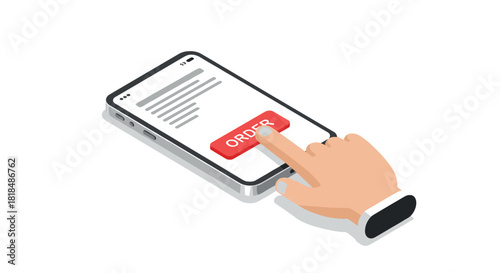 Isometric smartphone shopping concept with order button and hand interaction