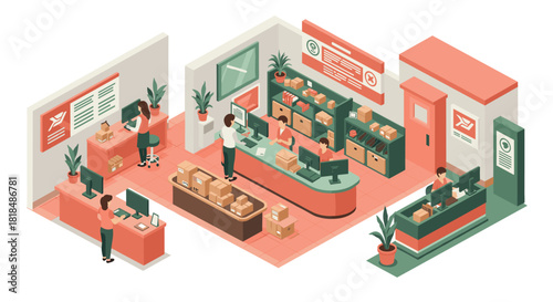 Modern isometric post office scene with employees and customers in a busy environment