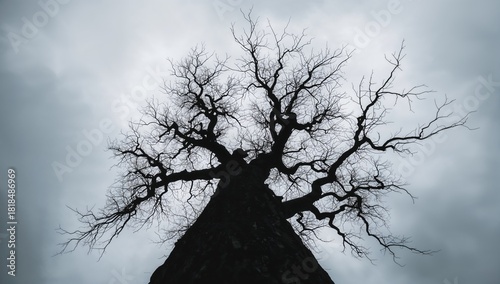 Looking upward at the bare branches of an ancient tree against a white background, emphasizing the seasonal change, Halloween