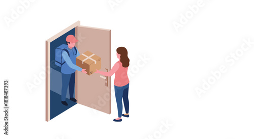 Efficient package delivery scene at doorstep in modern isometric style