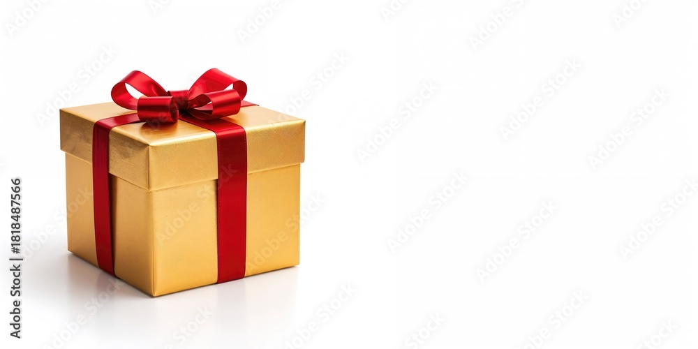 Obraz premium Gift box wrapped in golden paper with a red ribbon and bow, used as holiday gift packaging, Christmas season