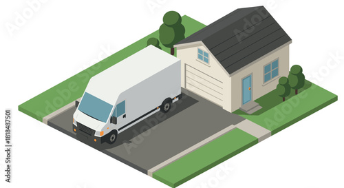 Delivery truck in isometric suburban driveway scene with house and trees