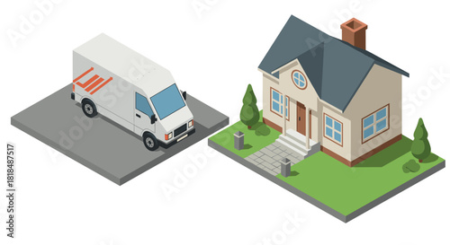 Isometric delivery truck and suburban house with green lawn and pathway