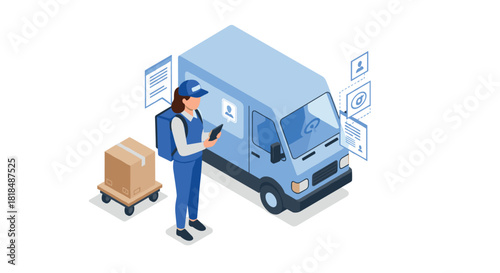 Delivery service concept with isometric cargo van and worker using digital device