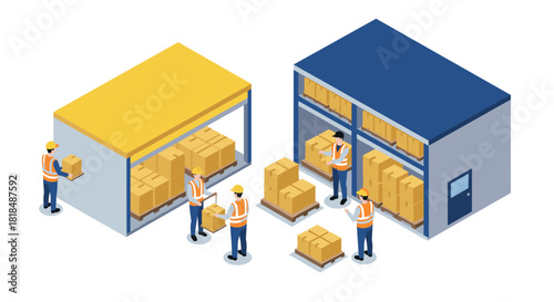 Warehouse workers handling boxes with forklifts and pallets in isometric style