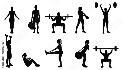 Fitness workout silhouette vector exercises gym training set