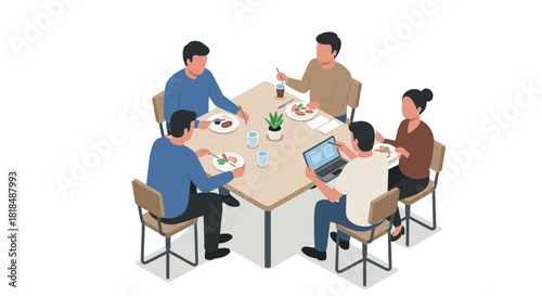 Casual team meeting at lunch with diverse colleagues sharing a meal and ideas in isometric style