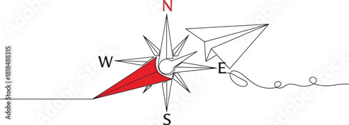 Compass and paper airplane illustration symbolizing direction and travel concept