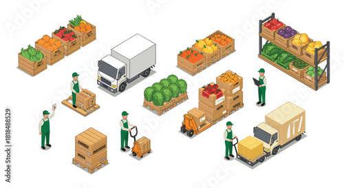 Isometric warehouse logistics with workers and vegetable pallets