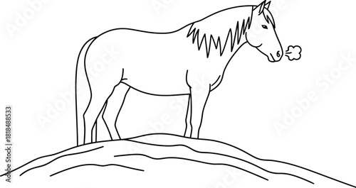 Line drawing of a horse standing on a hill exhaling in cold winter weather
