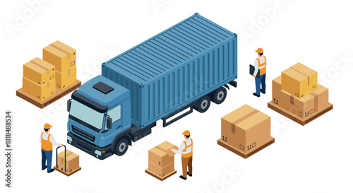 Isometric logistics scene with delivery truck and workers managing boxes