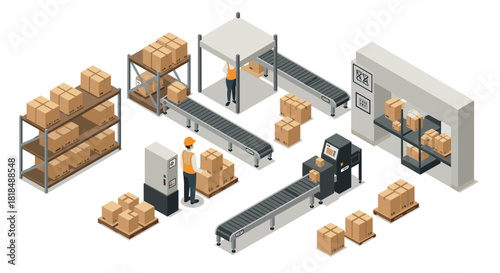 Isometric warehouse automation system with conveyor belts and packaging equipment