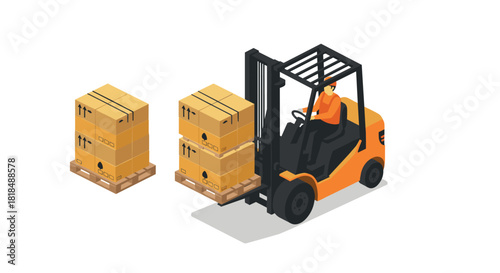 Isometric forklift transporting cardboard boxes on wooden pallets