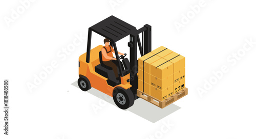 Isometric forklift loading pallet of boxes in warehouse setting