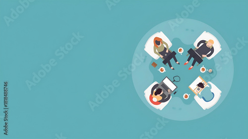 Overhead view of diverse team collaborating at round table meeting