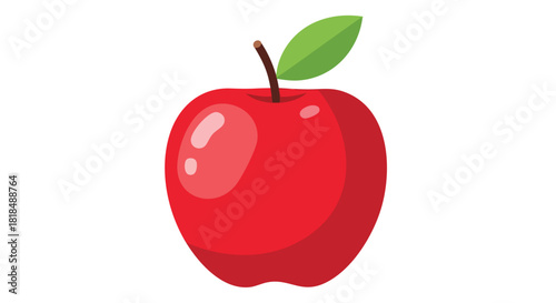 Shiny red apple illustration with green leaf and brown stem against a plain white background