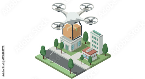 Drone delivery in isometric cityscape with modern package transport above buildings