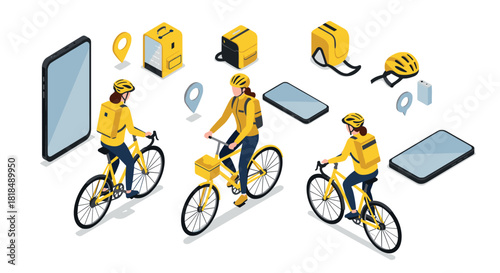 Isometric cycling delivery concept with couriers and equipment