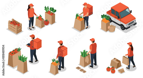 Isometric grocery delivery concept with workers and produce items in various situations
