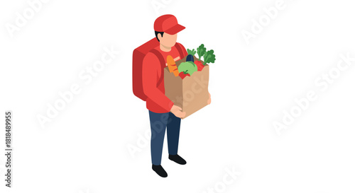 Delivery worker carrying grocery bag in isometric style