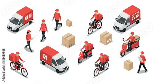 Isometric delivery service with vehicles and couriers in red uniforms