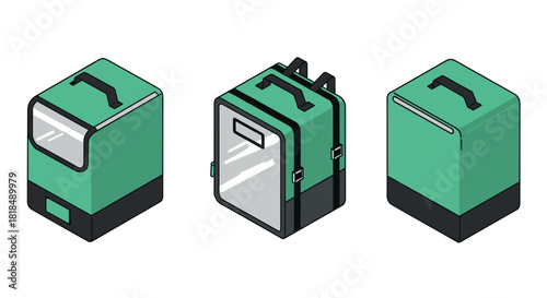 Isometric green food delivery backpacks set with straps and handles