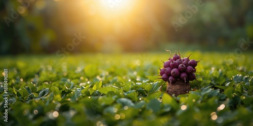 Close up of a green young pumpkin with yellow flower and vine in the field, emphasizing agricultural growth and seasonal change