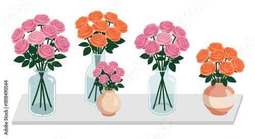 Elegant floral arrangements with vibrant roses in various vase designs