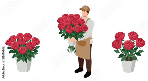 Florist holding rose bouquet with potted flowers in isometric style