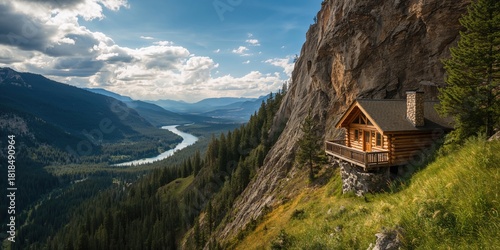 Cliffside log cabin nestled into a mountain river landscape during summer, emphasizing construction and natural integration