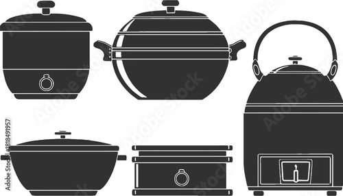 Illustration of various kitchen pots and pans in black and white style