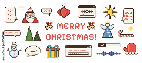 Christmas retro pixel game icon vector set. Colorful pixelated computer 8 bit holiday elements