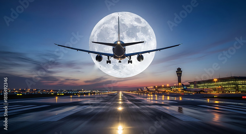 Naklejka 滑走路に広がる月と航空機