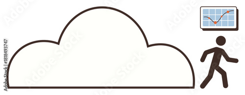 Cloud image with a graph inside a screen and a walking human figure. Ideal for technology, data analysis, cloud services, remote work, communication, mobility, and innovation. Simple flat metaphor