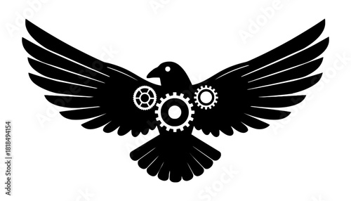Silhouette of a crow with gears on its body and spread wings design