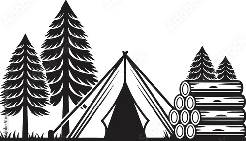 Black and white camping scene with tent trees and stacked firewood logs