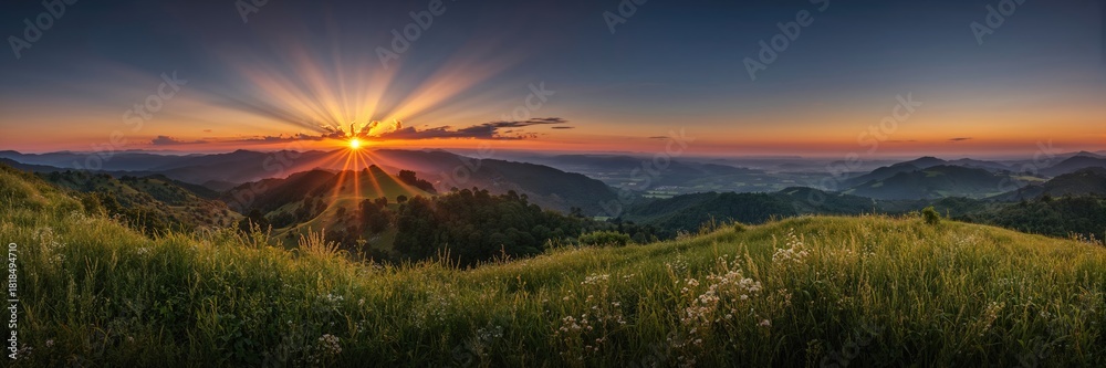 Fototapeta premium Sunset over mountain ranges in the Carpathian region during summer, ideal for nature-themed wallpapers