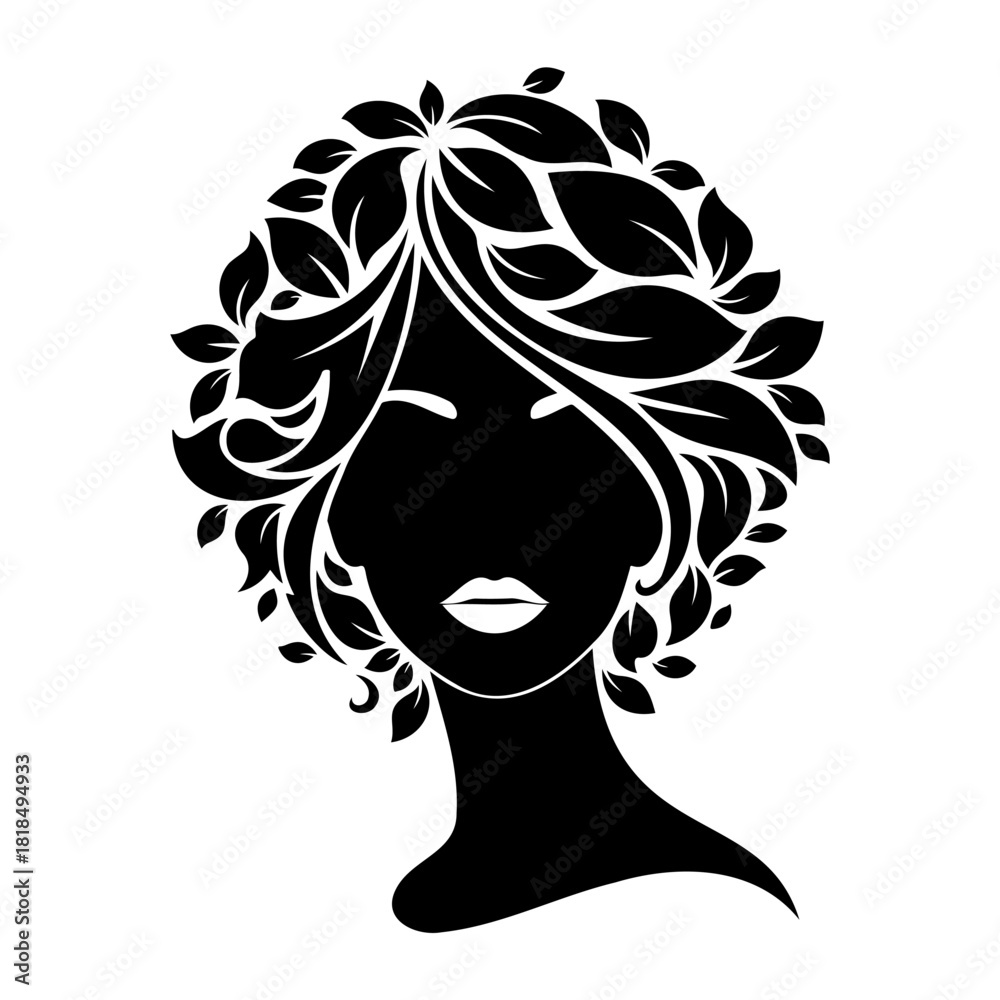 Fototapeta premium Silhouette of a woman with hair made of leaves in black and white art