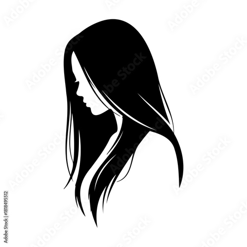Silhouette of a woman with long black hair looking down in monochrome art
