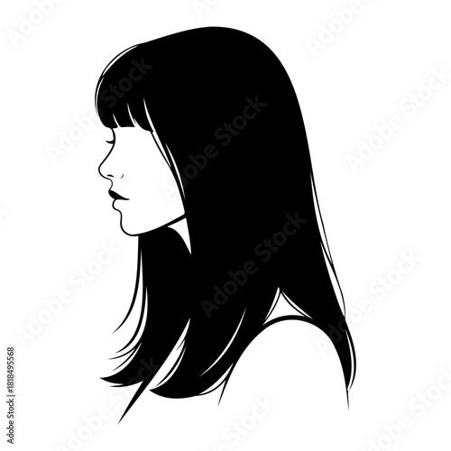 Illustration of a woman's profile with long black hair and blunt bangs