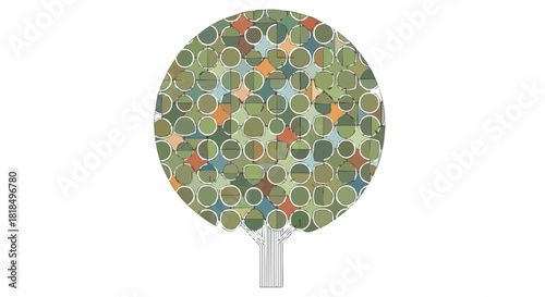 Abstract stylized tree illustration with colorful geometric foliage and linear trunk formation offering nature interpretation 99