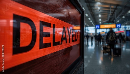 Close up of a sign with the word delayed repeated multiple times, emphasizing signage readability and clarity