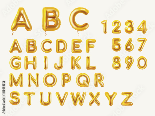 Golden balloon alphabet. Realistic balloons font, gold foil letters helium inflated ballon english text for birthday anniversary party celebration, baloon exact vector illustration