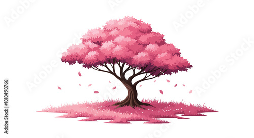 Ephemeral beauty: A serene pink blossom tree shedding petals in a tranquil scene, evoking a sense of springtime charm and delicate transience