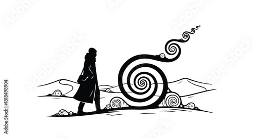 Lone figure contemplates a swirling spiral of elemental energy in a surreal desert landscape